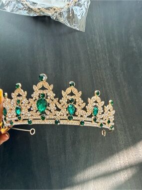 Gold Tiara with Emerald Green Crystals - Girls Accessory